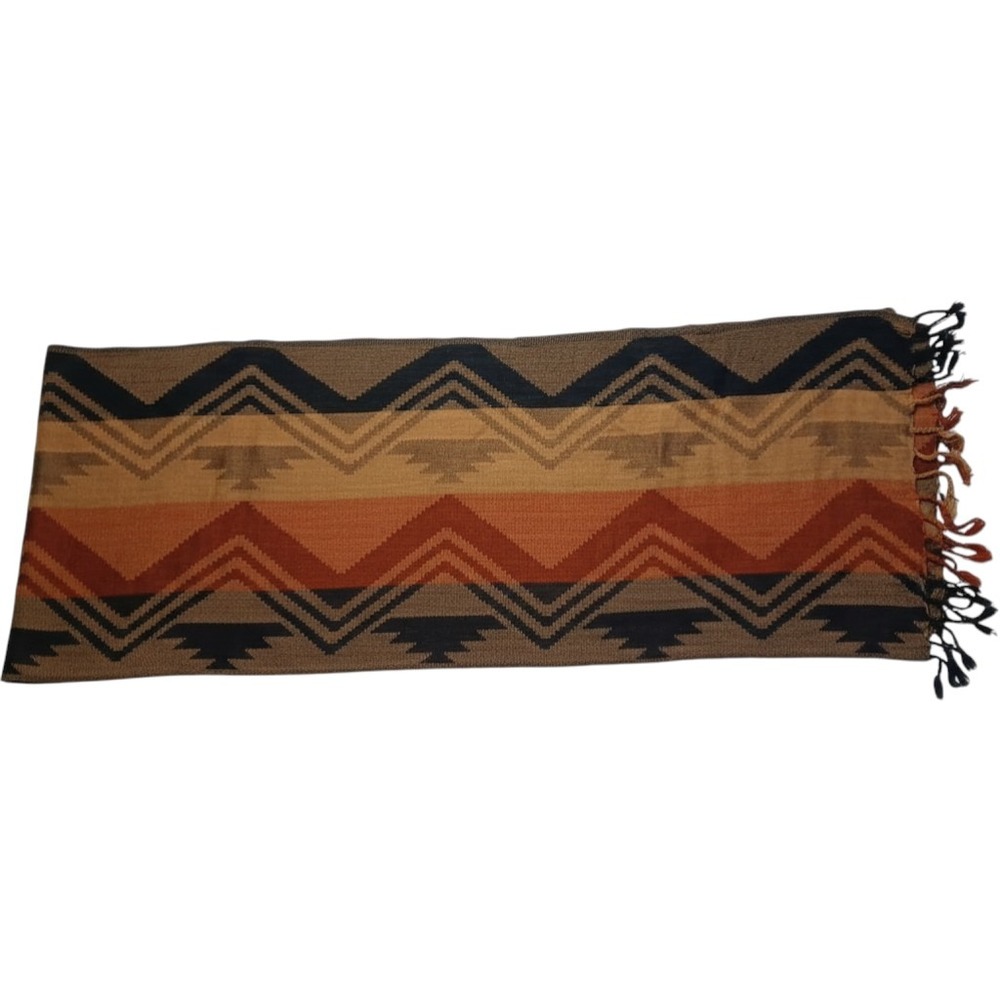 Southwestern Eagle Geometric Woven Scarf Rust Orange Tan Black Fringe Trim